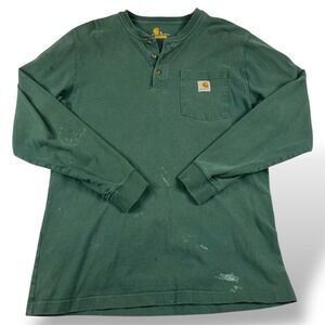 Distressed Carhartt Long Sleeve Green Henley Men's Size Medium Paint Spots